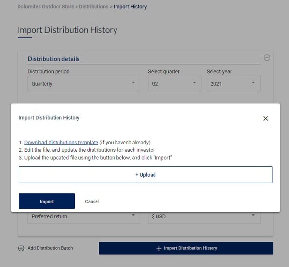 how to use a template to import distribution history