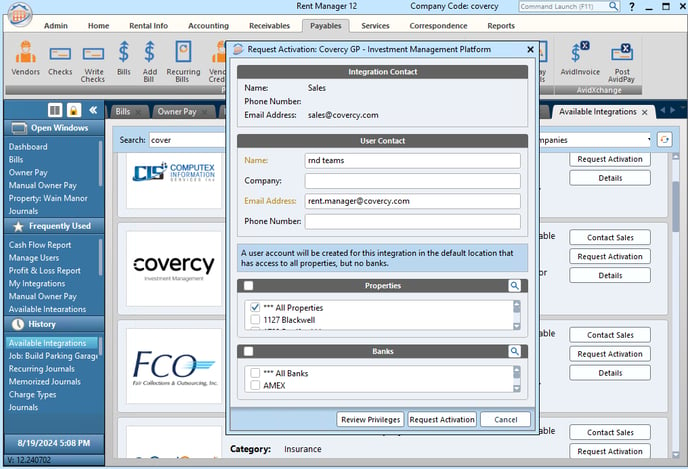 Rent Manager integration with investment management platform