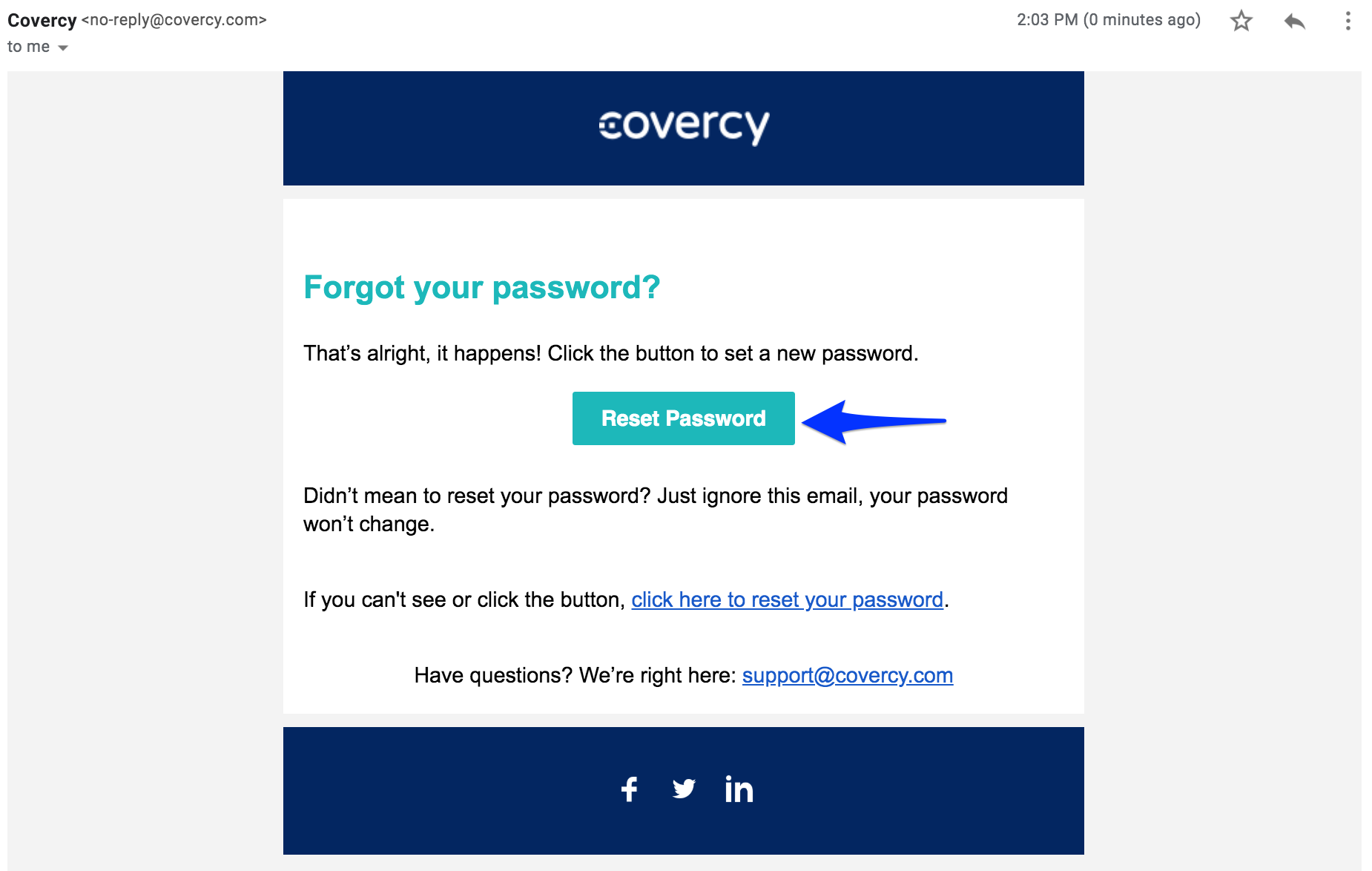 email to reset my password on Covercy GP